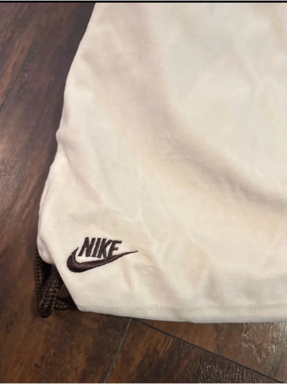 Y2K Nike velour White Drawstring Backpack with Brown Accents